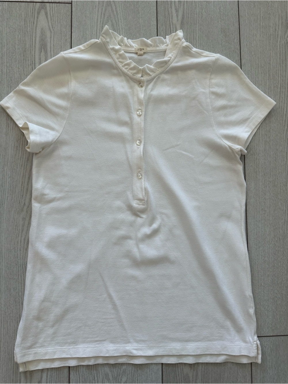 J. Crew White Ruffle Neck Short Sleeve Polo Top Medium